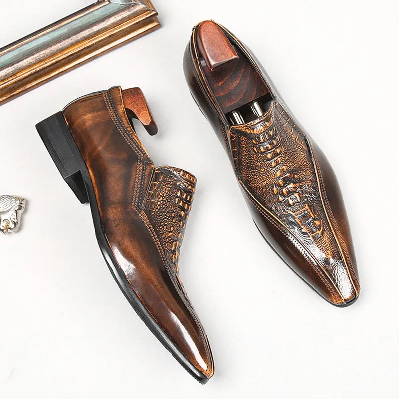 2022 Real Patent Leather Men&#39;s Dress Shoes Fashion Crocodile Pattern Slip on Brown Black Luxury Handmade Genuine Leather Shoes
