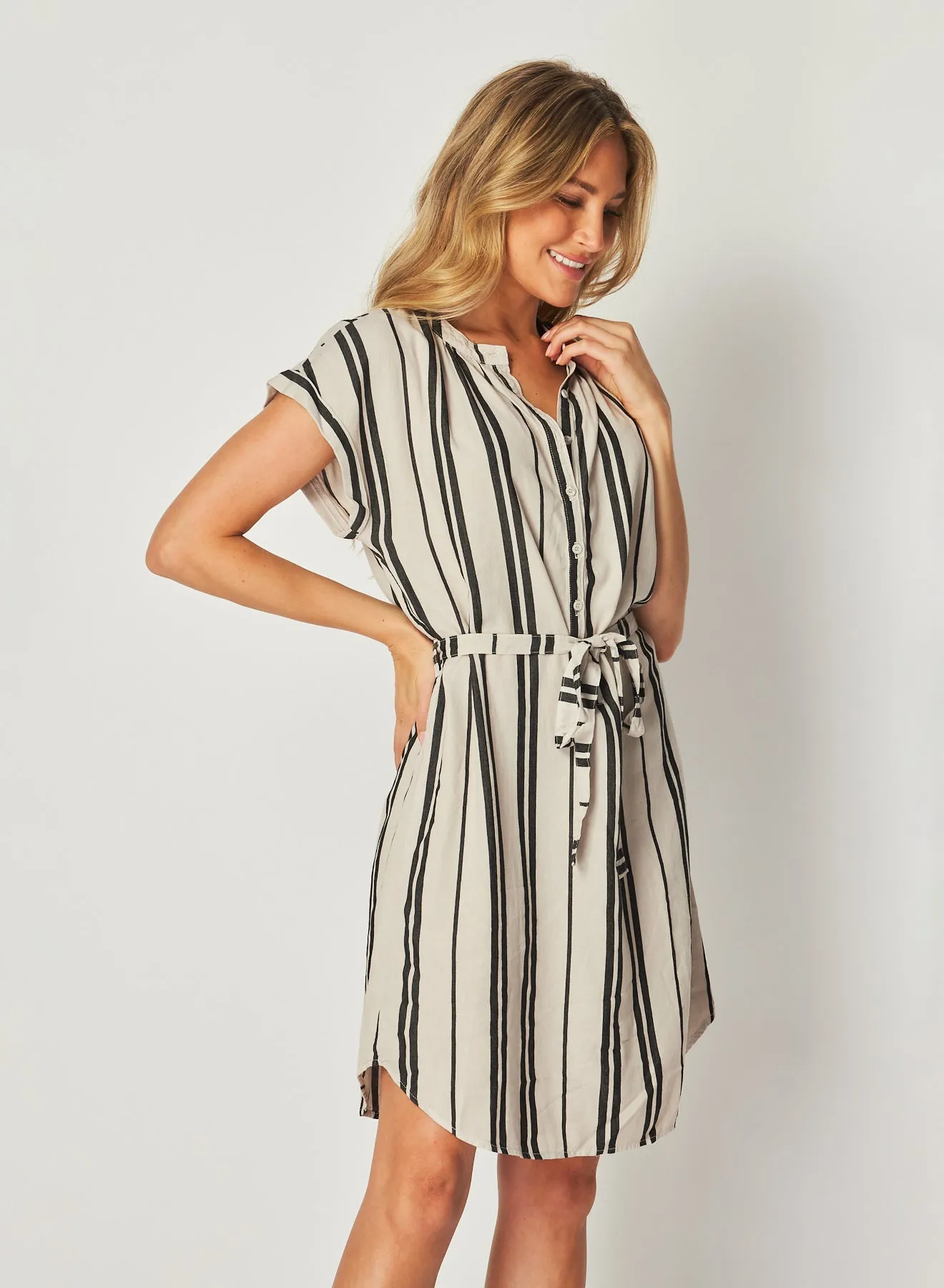 Belted Cap Sleeve Dress - Soft Ecru