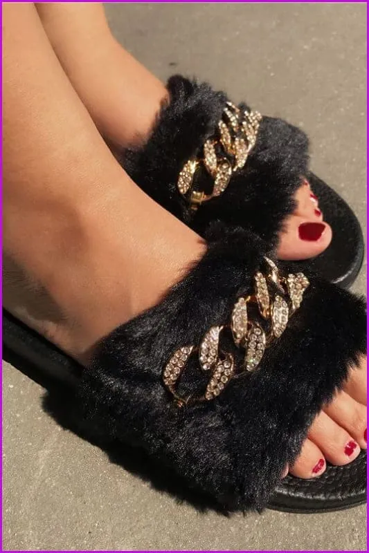 Bling Rhinestone Flip Flops Winter Warm Casual Fur Slides DE237