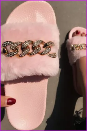 Bling Rhinestone Flip Flops Winter Warm Casual Fur Slides DE237