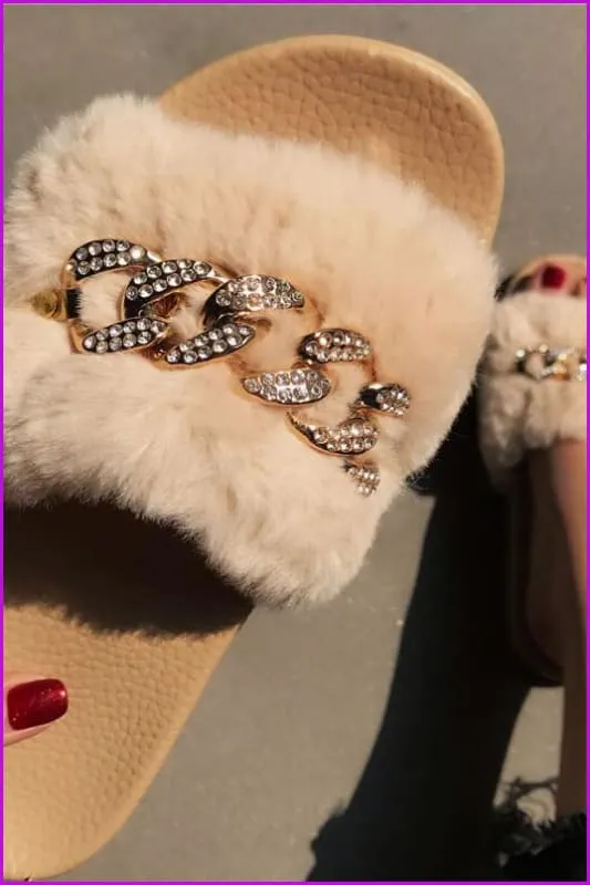 Bling Rhinestone Flip Flops Winter Warm Casual Fur Slides DE237