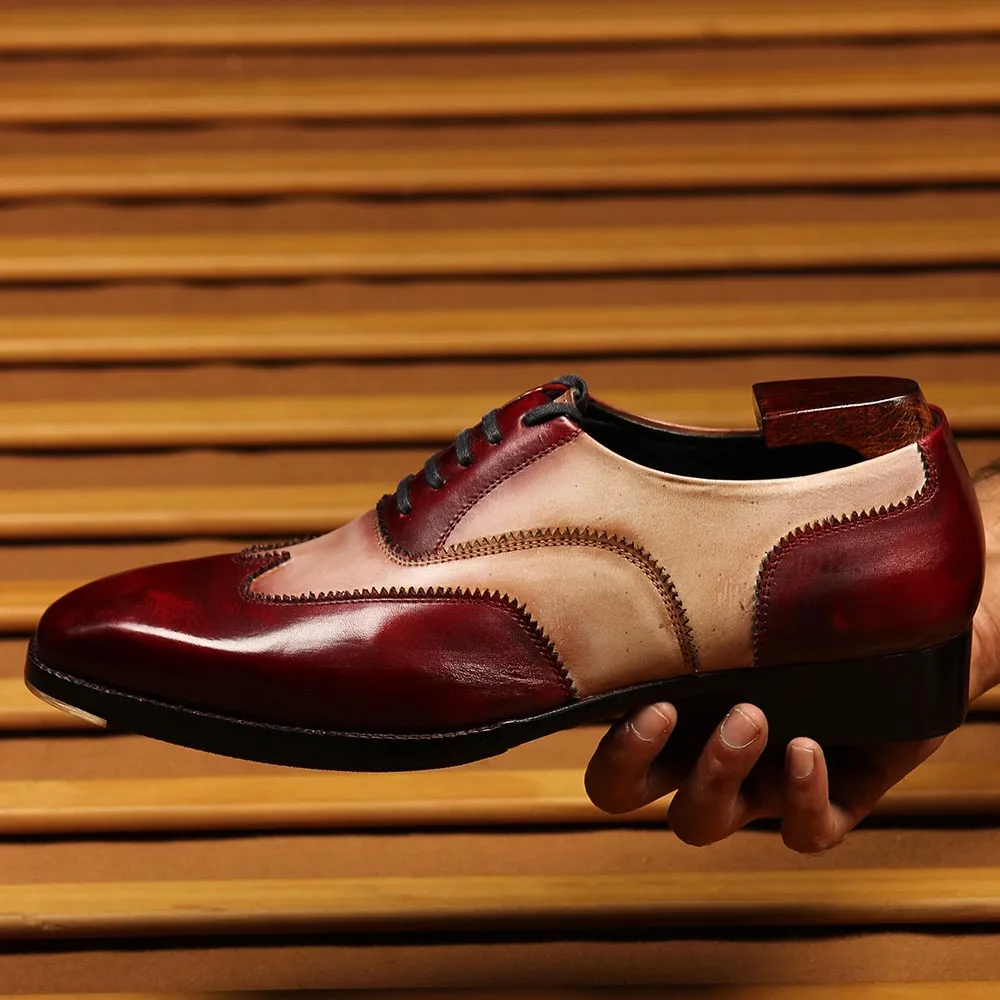 Burgundy   Sand Mirror Glossed Dual Tone Patona Wingtip Oxfords With Metal Toe