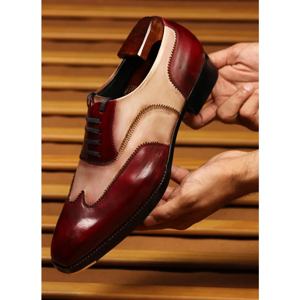 Burgundy   Sand Mirror Glossed Dual Tone Patona Wingtip Oxfords With Metal Toe