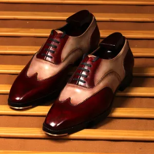 Burgundy   Sand Mirror Glossed Dual Tone Patona Wingtip Oxfords With Metal Toe