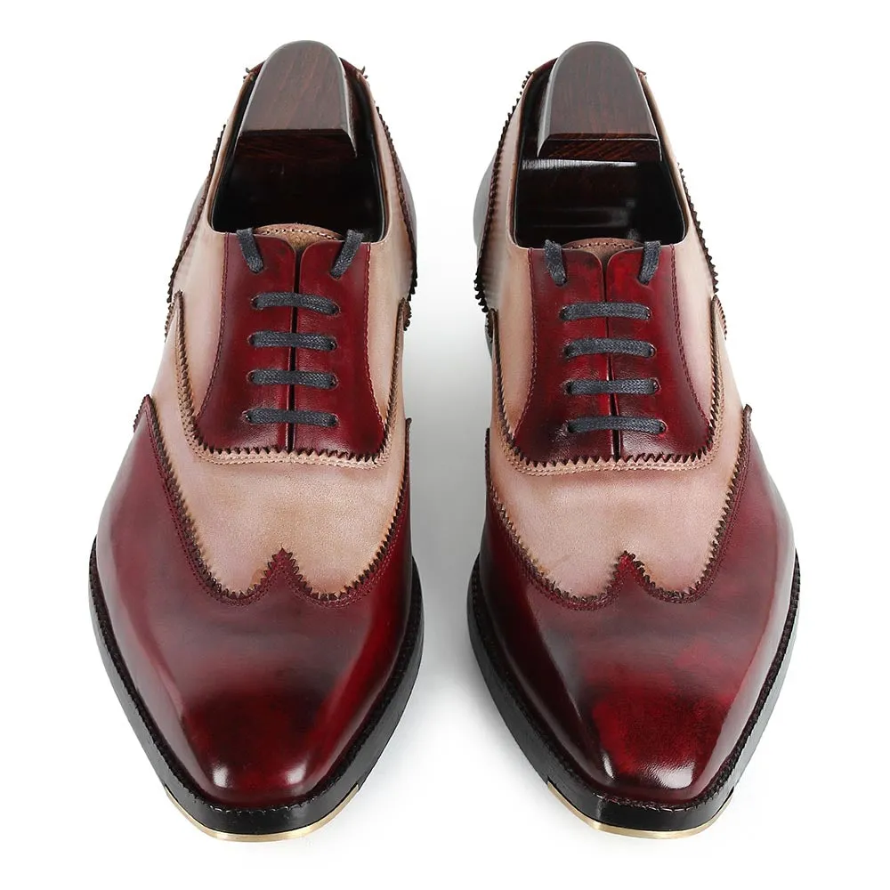 Burgundy   Sand Mirror Glossed Dual Tone Patona Wingtip Oxfords With Metal Toe