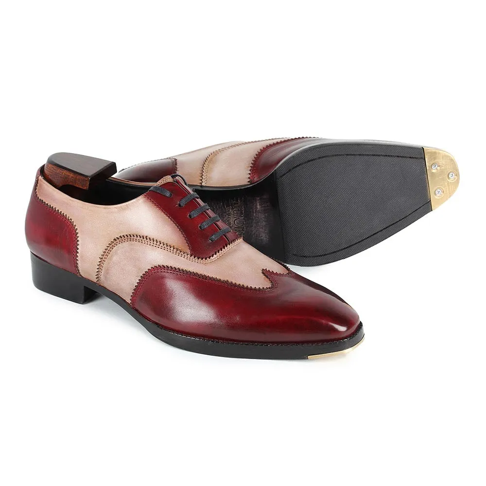 Burgundy   Sand Mirror Glossed Dual Tone Patona Wingtip Oxfords With Metal Toe