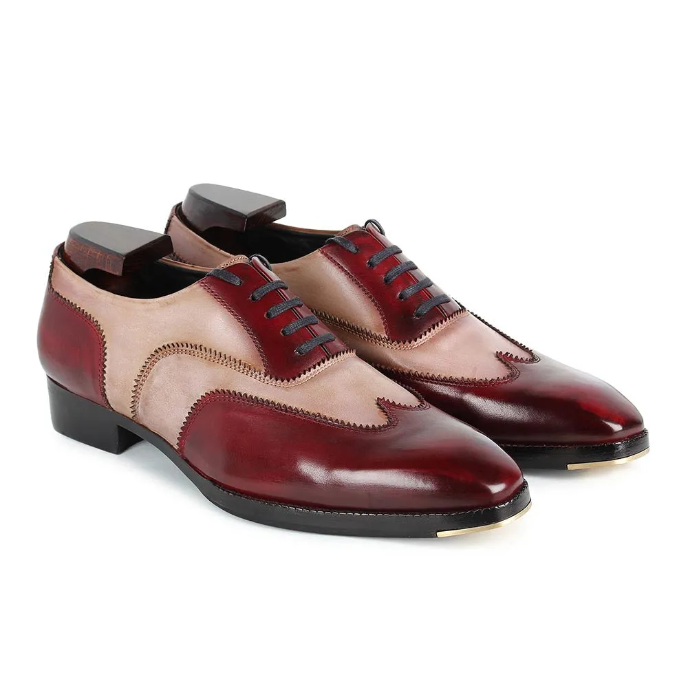 Burgundy   Sand Mirror Glossed Dual Tone Patona Wingtip Oxfords With Metal Toe