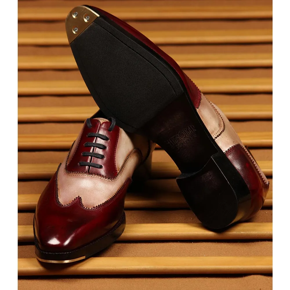 Burgundy   Sand Mirror Glossed Dual Tone Patona Wingtip Oxfords With Metal Toe