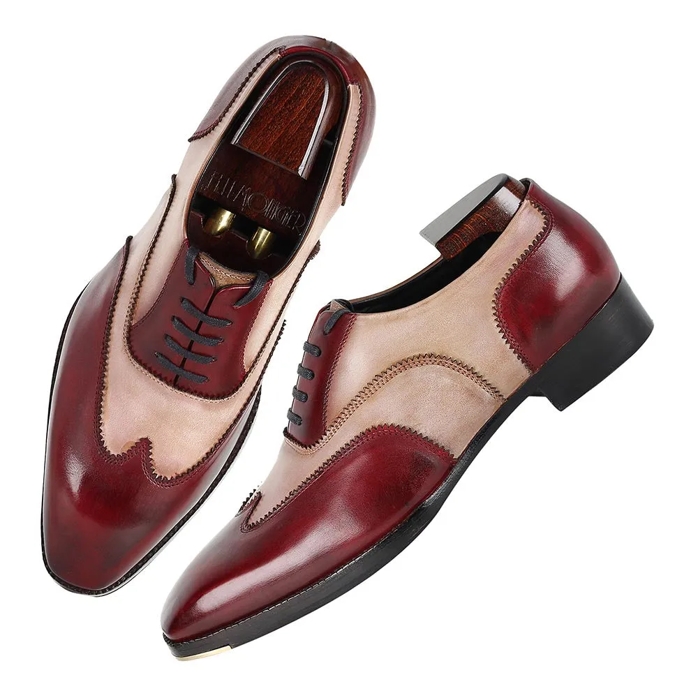 Burgundy   Sand Mirror Glossed Dual Tone Patona Wingtip Oxfords With Metal Toe