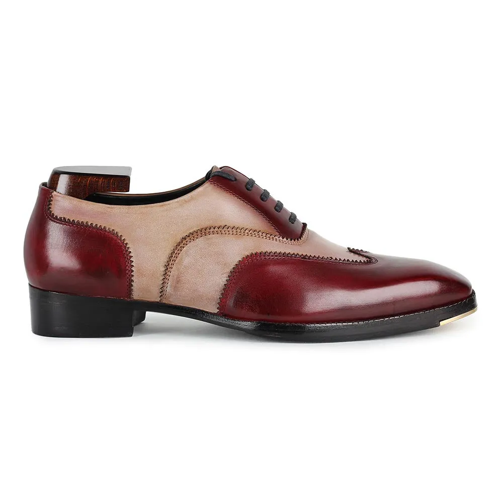 Burgundy   Sand Mirror Glossed Dual Tone Patona Wingtip Oxfords With Metal Toe