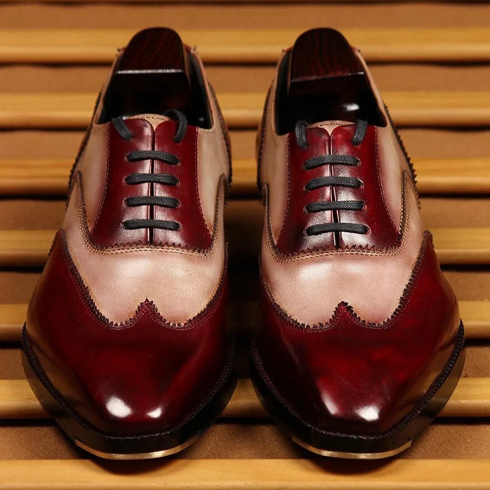 Burgundy   Sand Mirror Glossed Dual Tone Patona Wingtip Oxfords With Metal Toe