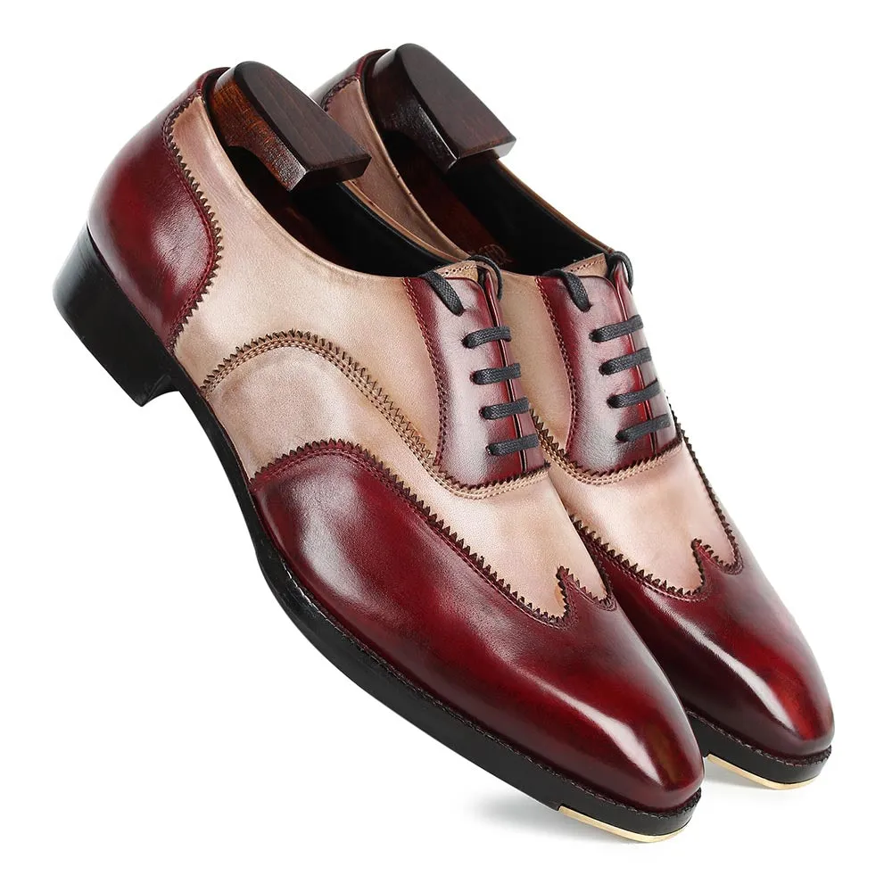 Burgundy   Sand Mirror Glossed Dual Tone Patona Wingtip Oxfords With Metal Toe