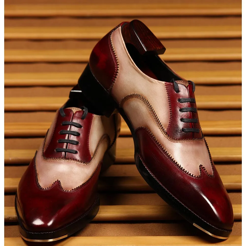 Burgundy   Sand Mirror Glossed Dual Tone Patona Wingtip Oxfords With Metal Toe