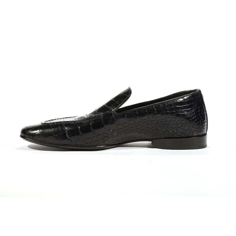 Cesare Paciotti Luxury Italian Men's Loafers Croc Print Cocco Lux Navy Designer Shoes (CPM5449)