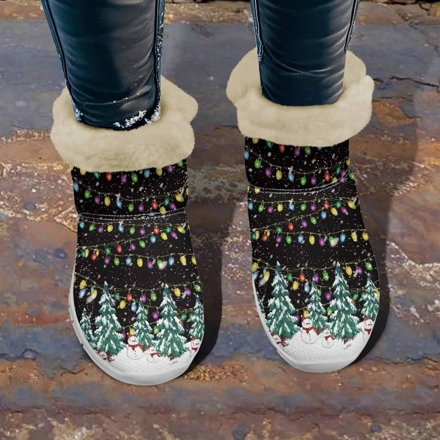 Christmas Winter Snow Boots for Women Men Cold Weather Snow Booties Pull On Fuzzy Slippers Shoes