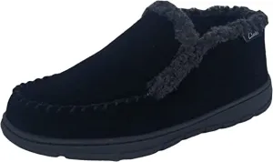 Clarks Black Suede Leather Sherpa Lined Indoor Outdoor Ankle Bootie Slippers