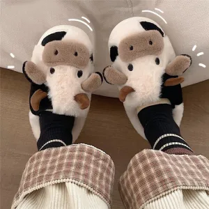 Cute Cow House Slippers Warm Fluffy for Winter