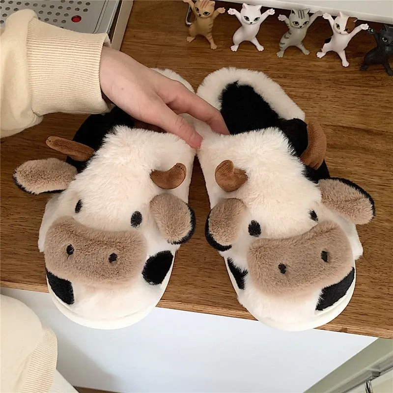 Cute Cow House Slippers Warm Fluffy for Winter
