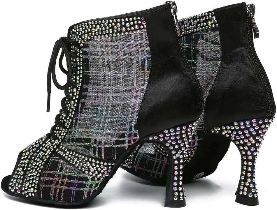 DKZSYIM Women Rhinestone Ballroom Dance Shoes Latin Salsa Perfermence Practice Dancing Shoes,Model YCL434