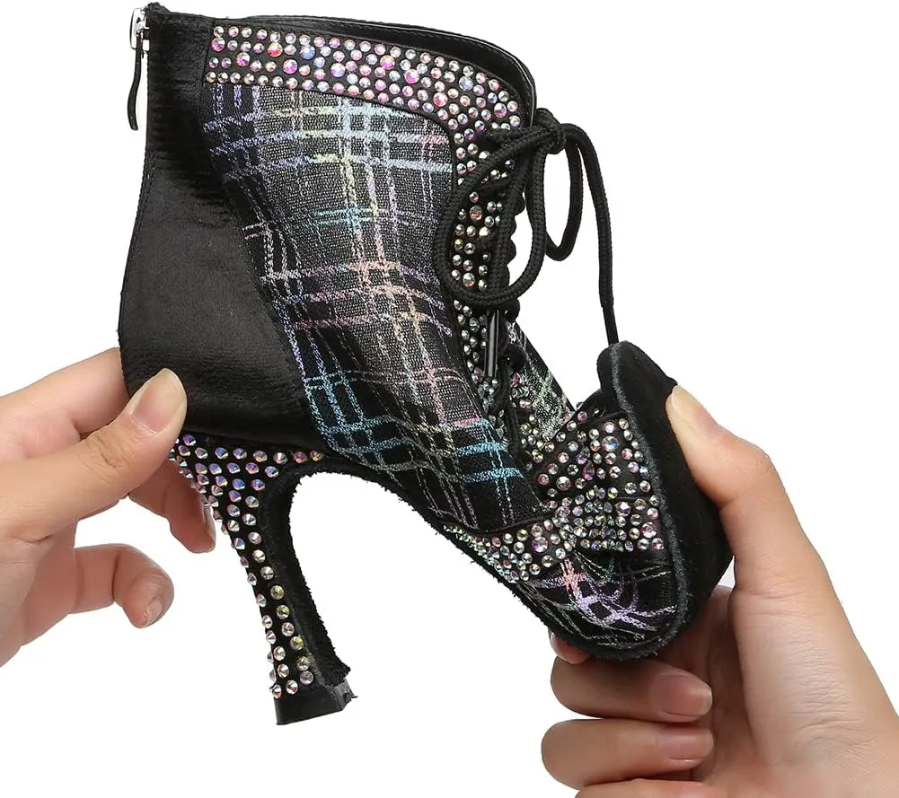 DKZSYIM Women Rhinestone Ballroom Dance Shoes Latin Salsa Perfermence Practice Dancing Shoes,Model YCL434