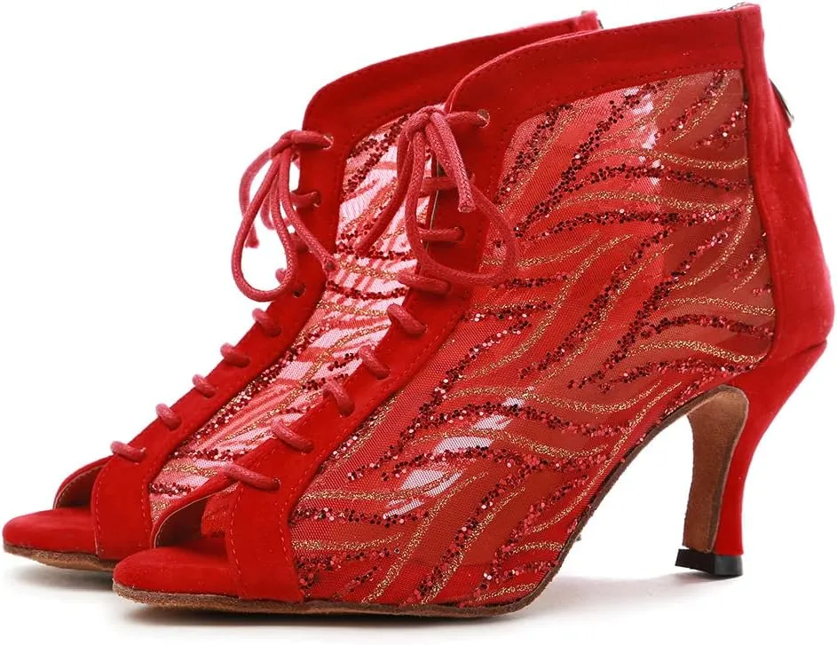 DKZSYIM Women Rhinestone Ballroom Dance Shoes Latin Salsa Perfermence Practice Dancing Shoes,Model YCL434