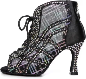 DKZSYIM Women Rhinestone Ballroom Dance Shoes Latin Salsa Perfermence Practice Dancing Shoes,Model YCL434