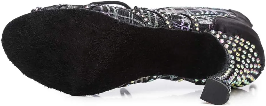 DKZSYIM Women Rhinestone Ballroom Dance Shoes Latin Salsa Perfermence Practice Dancing Shoes,Model YCL434