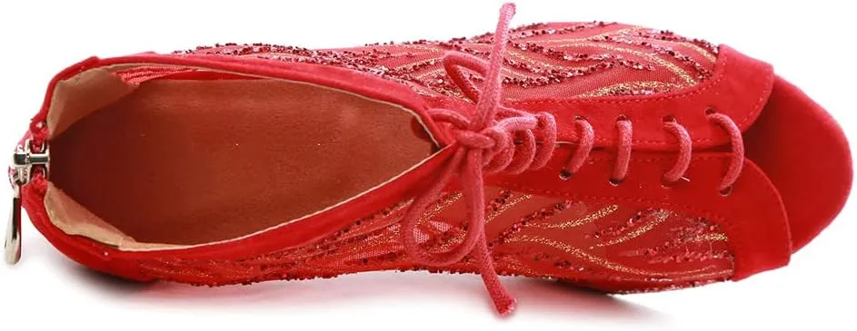 DKZSYIM Women Rhinestone Ballroom Dance Shoes Latin Salsa Perfermence Practice Dancing Shoes,Model YCL434