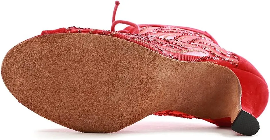 DKZSYIM Women Rhinestone Ballroom Dance Shoes Latin Salsa Perfermence Practice Dancing Shoes,Model YCL434