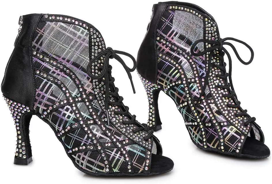 DKZSYIM Women Rhinestone Ballroom Dance Shoes Latin Salsa Perfermence Practice Dancing Shoes,Model YCL434