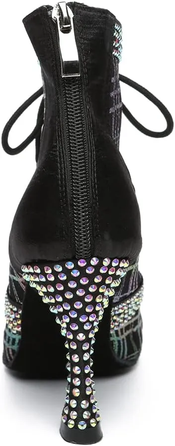 DKZSYIM Women Rhinestone Ballroom Dance Shoes Latin Salsa Perfermence Practice Dancing Shoes,Model YCL434