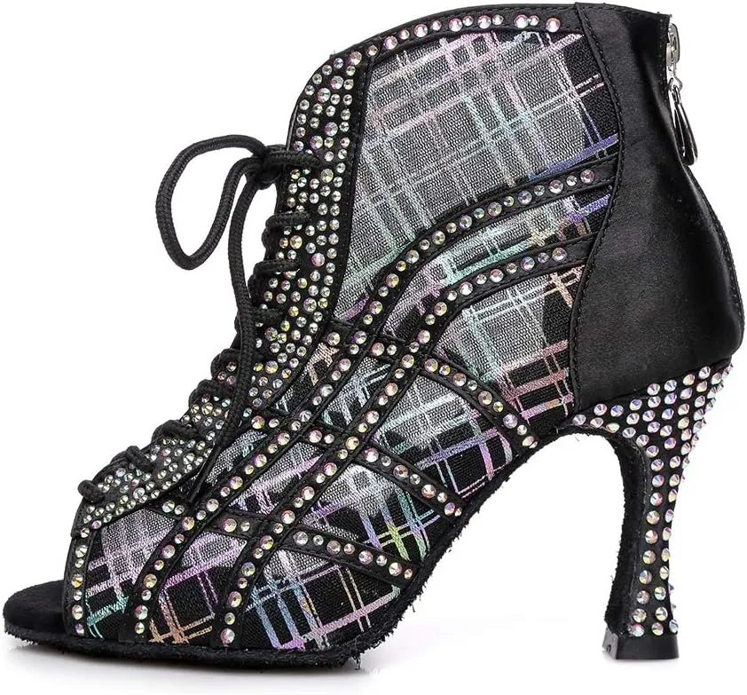 DKZSYIM Women Rhinestone Ballroom Dance Shoes Latin Salsa Perfermence Practice Dancing Shoes,Model YCL434