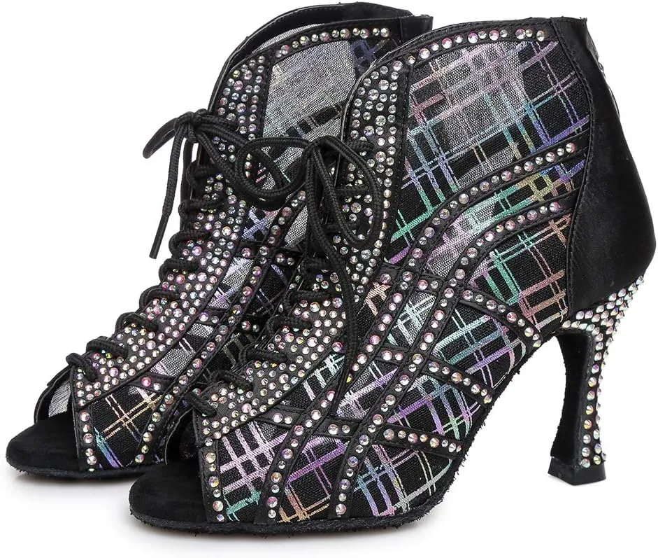 DKZSYIM Women Rhinestone Ballroom Dance Shoes Latin Salsa Perfermence Practice Dancing Shoes,Model YCL434