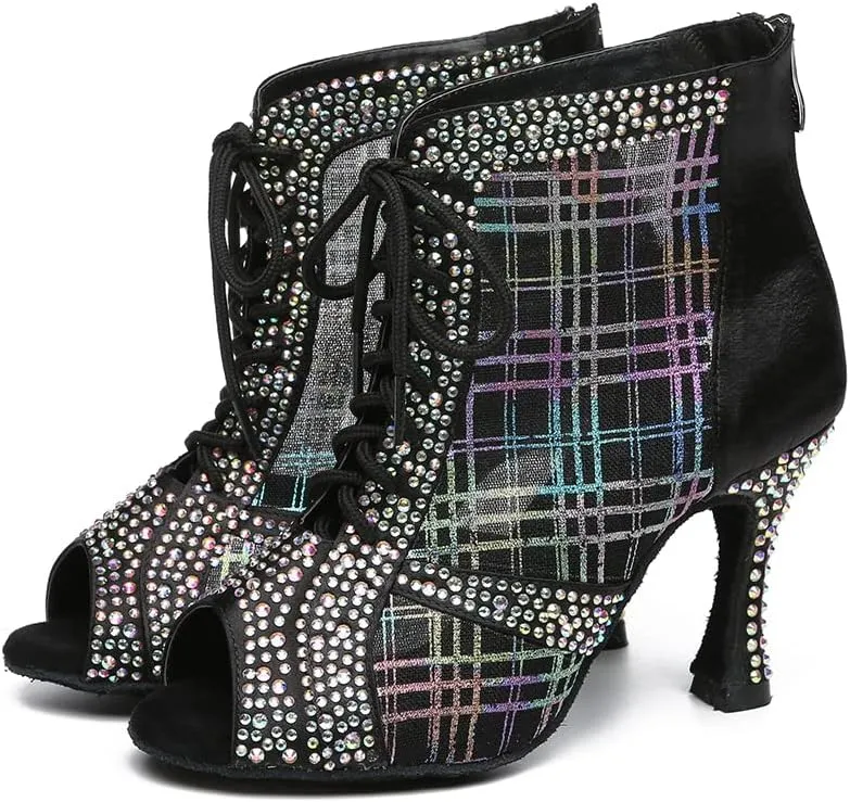 DKZSYIM Women Rhinestone Ballroom Dance Shoes Latin Salsa Perfermence Practice Dancing Shoes,Model YCL434