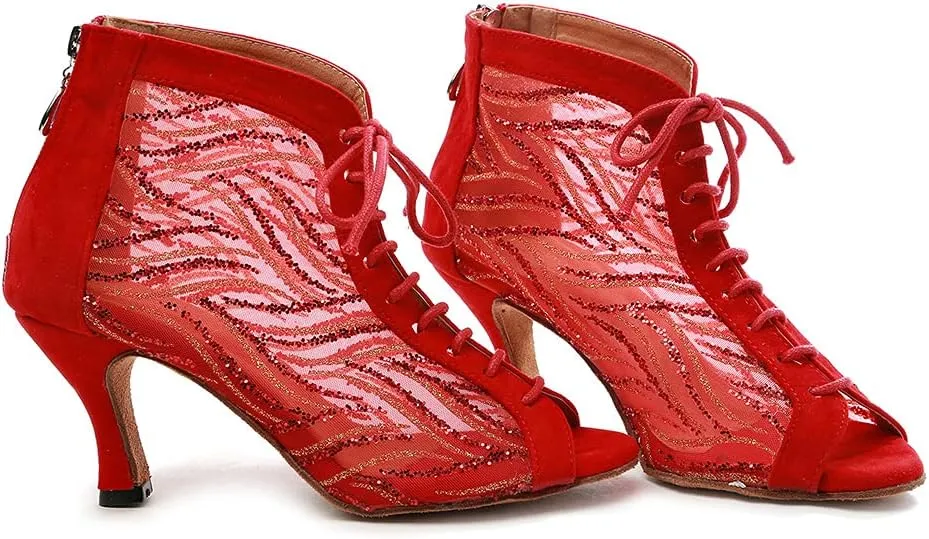 DKZSYIM Women Rhinestone Ballroom Dance Shoes Latin Salsa Perfermence Practice Dancing Shoes,Model YCL434