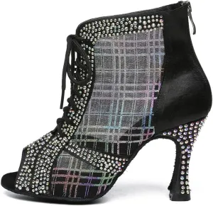DKZSYIM Women Rhinestone Ballroom Dance Shoes Latin Salsa Perfermence Practice Dancing Shoes,Model YCL434