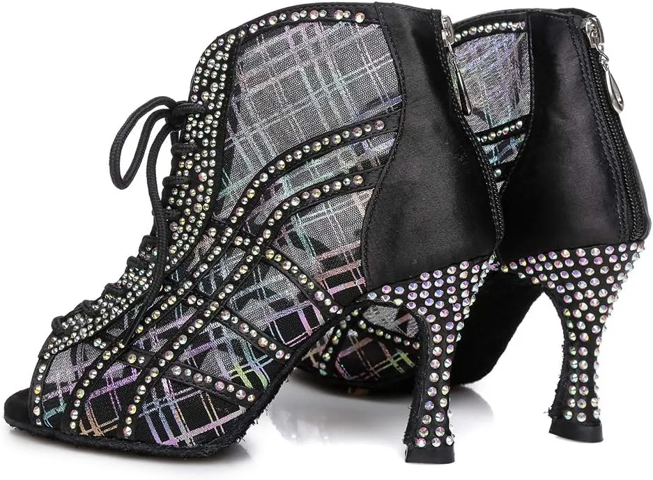 DKZSYIM Women Rhinestone Ballroom Dance Shoes Latin Salsa Perfermence Practice Dancing Shoes,Model YCL434