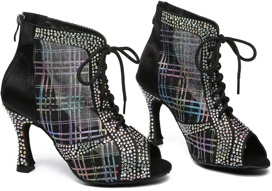 DKZSYIM Women Rhinestone Ballroom Dance Shoes Latin Salsa Perfermence Practice Dancing Shoes,Model YCL434