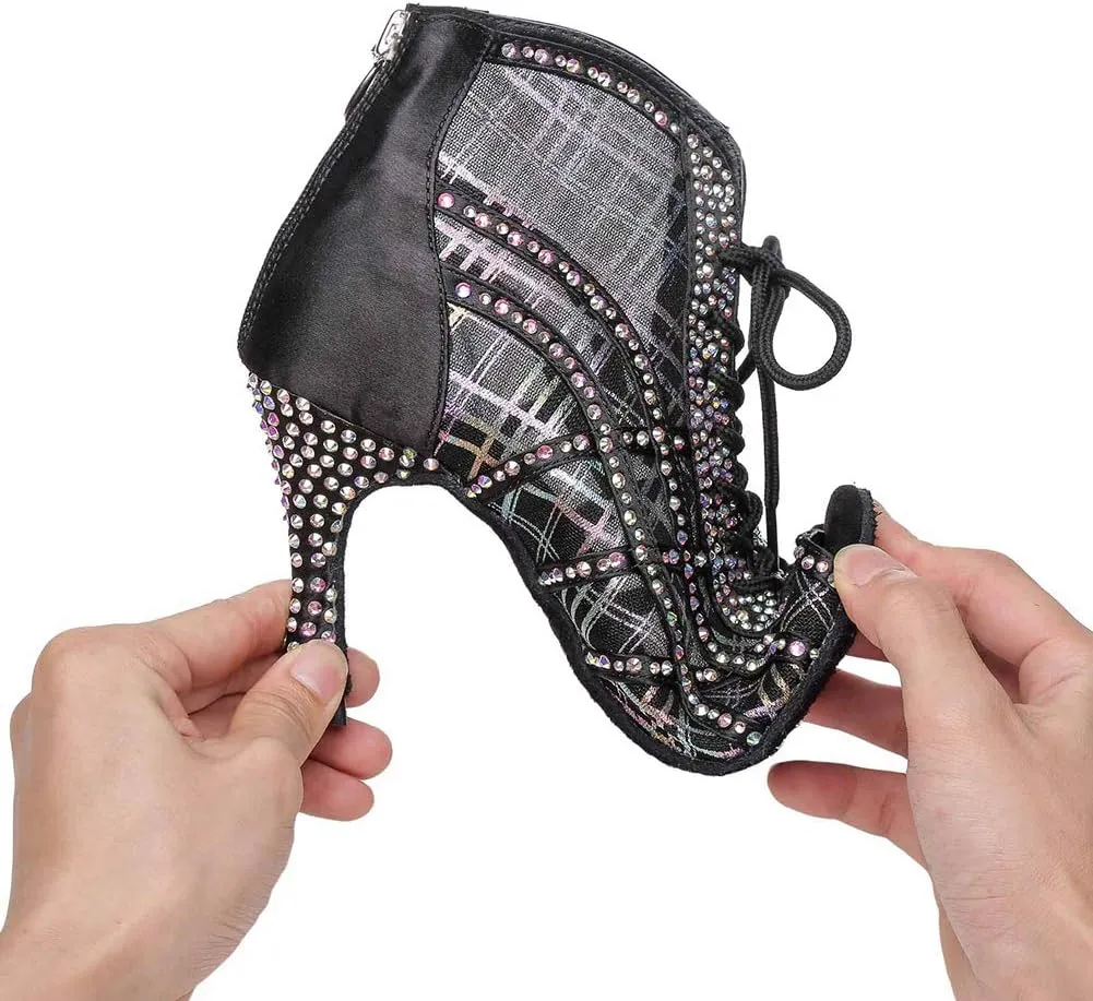 DKZSYIM Women Rhinestone Ballroom Dance Shoes Latin Salsa Perfermence Practice Dancing Shoes,Model YCL434