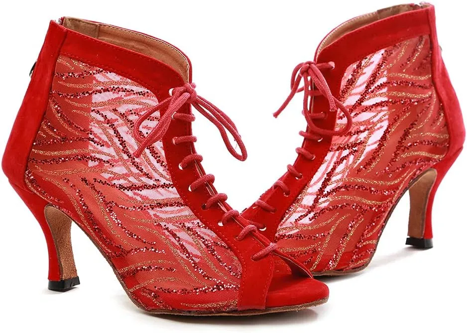 DKZSYIM Women Rhinestone Ballroom Dance Shoes Latin Salsa Perfermence Practice Dancing Shoes,Model YCL434