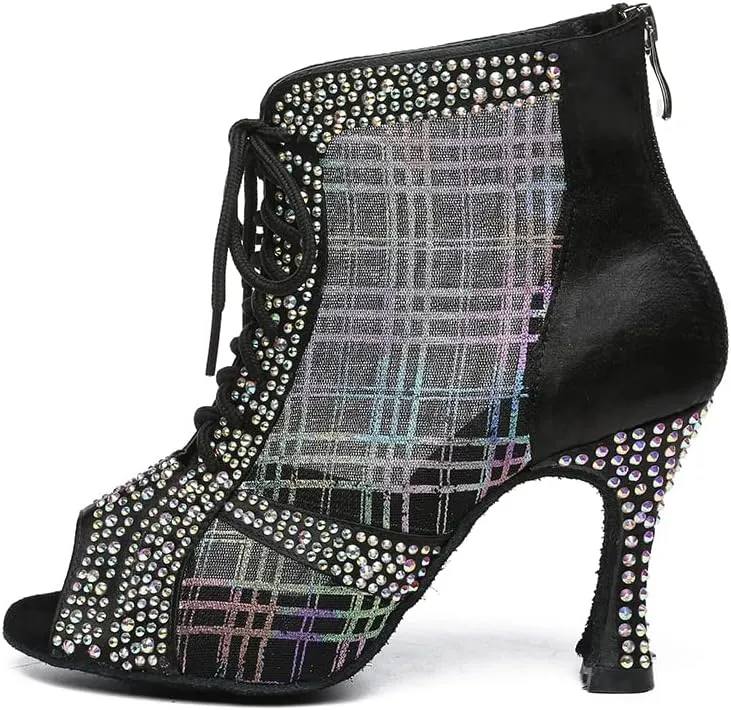 DKZSYIM Women Rhinestone Ballroom Dance Shoes Latin Salsa Perfermence Practice Dancing Shoes,Model YCL434