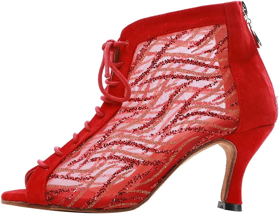 DKZSYIM Women Rhinestone Ballroom Dance Shoes Latin Salsa Perfermence Practice Dancing Shoes,Model YCL434