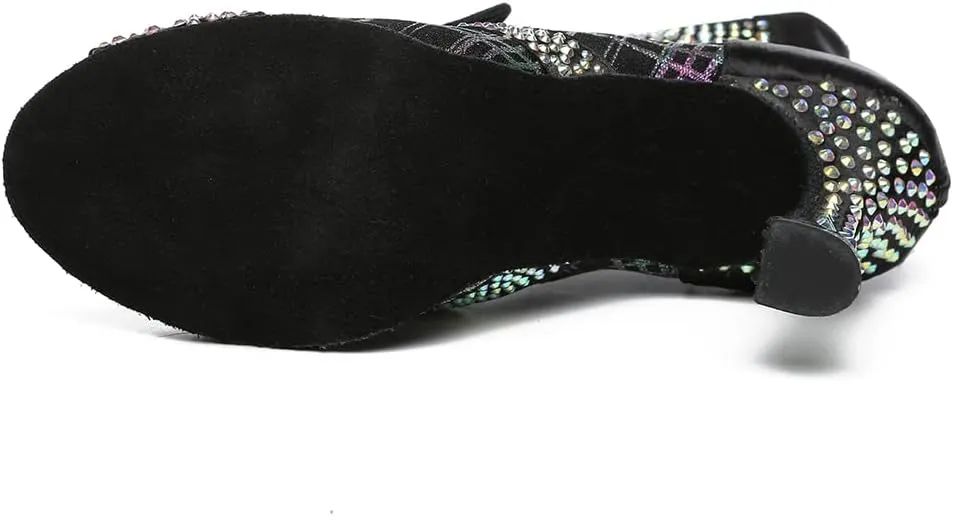 DKZSYIM Women Rhinestone Ballroom Dance Shoes Latin Salsa Perfermence Practice Dancing Shoes,Model YCL434