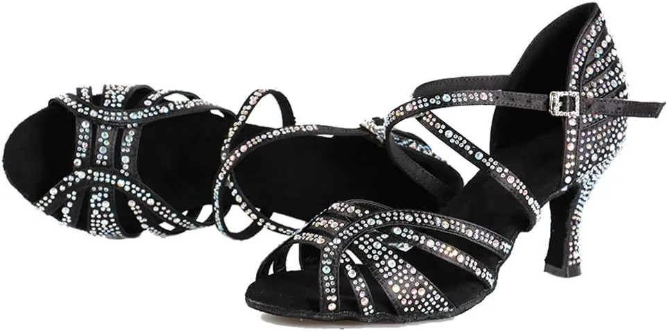 DKZSYIM Women 's Satin Latin Dance Shoes Rhinestone Ballroom Salsa Performance Practice Dancing Shoes,Model YCL356