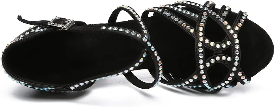 DKZSYIM Women 's Satin Latin Dance Shoes Rhinestone Ballroom Salsa Performance Practice Dancing Shoes,Model YCL356