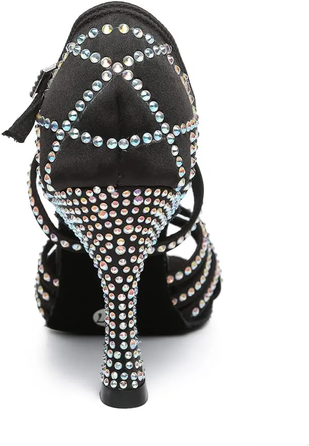 DKZSYIM Women 's Satin Latin Dance Shoes Rhinestone Ballroom Salsa Performance Practice Dancing Shoes,Model YCL356