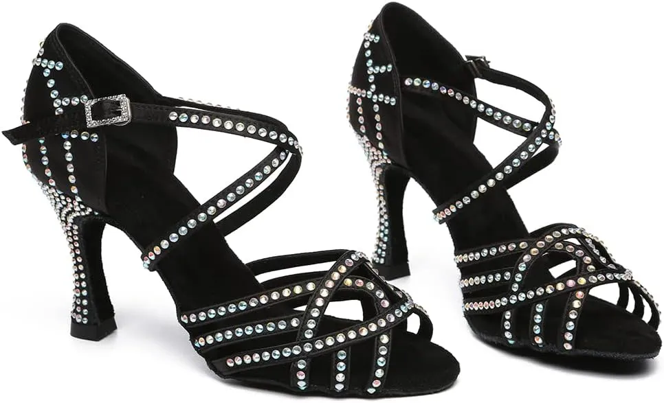 DKZSYIM Women 's Satin Latin Dance Shoes Rhinestone Ballroom Salsa Performance Practice Dancing Shoes,Model YCL356