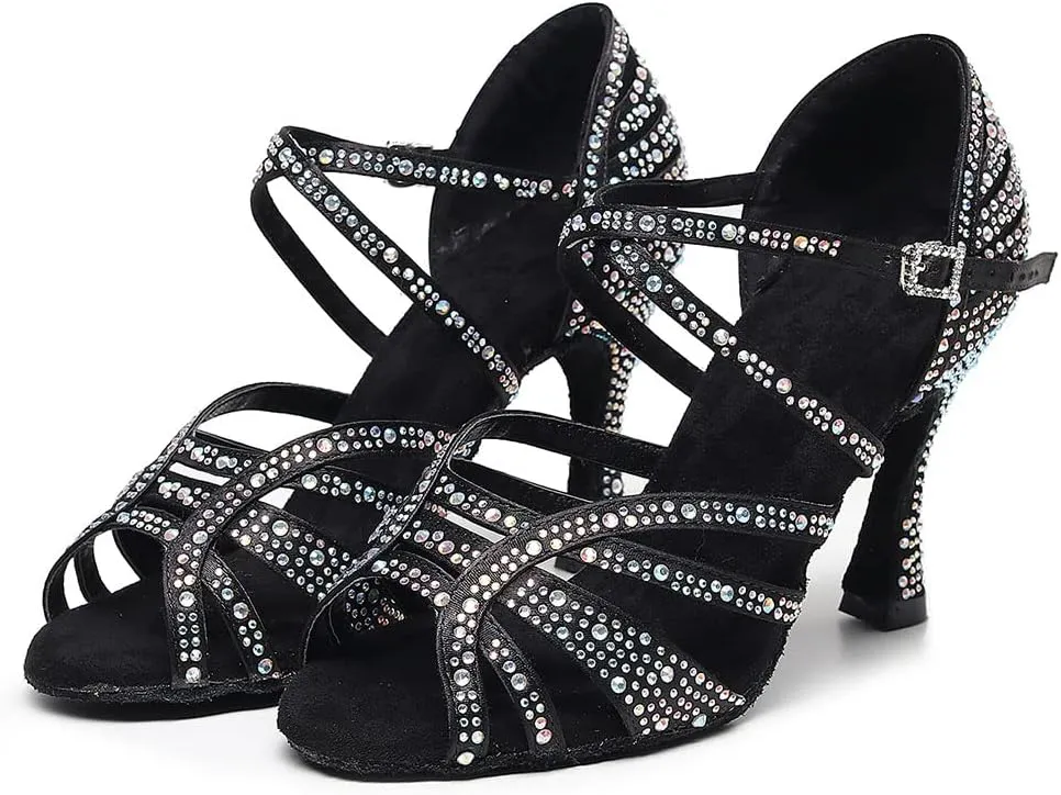 DKZSYIM Women 's Satin Latin Dance Shoes Rhinestone Ballroom Salsa Performance Practice Dancing Shoes,Model YCL356