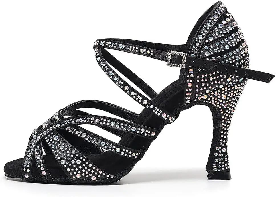 DKZSYIM Women 's Satin Latin Dance Shoes Rhinestone Ballroom Salsa Performance Practice Dancing Shoes,Model YCL356