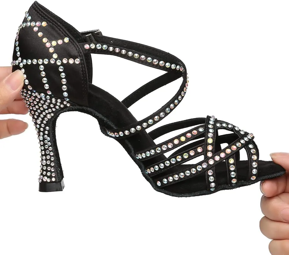 DKZSYIM Women 's Satin Latin Dance Shoes Rhinestone Ballroom Salsa Performance Practice Dancing Shoes,Model YCL356